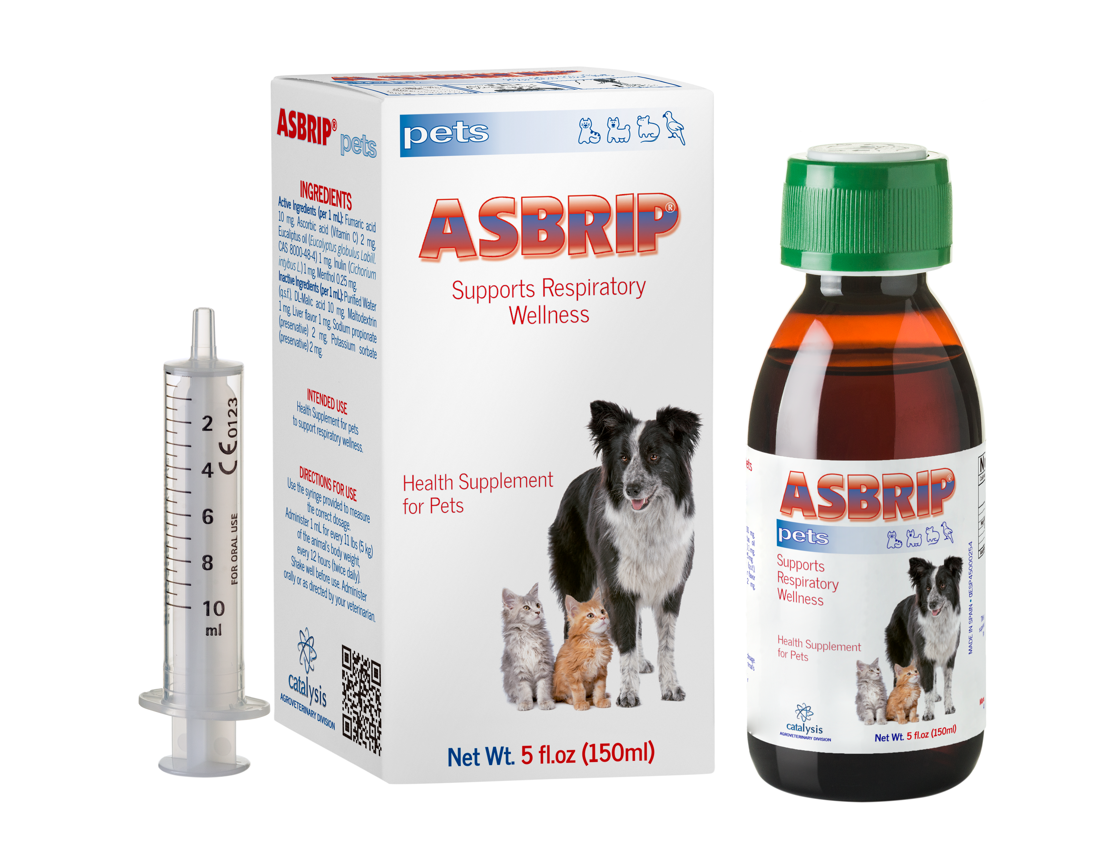 ASBRIP pets health supplement for pets with packaging, bottle, and syringe on a white background. Molecular Activation.
