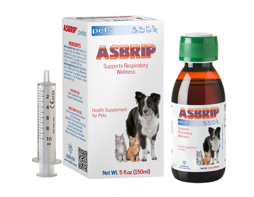 ASBRIP pets health supplement for pets with packaging, bottle, and syringe on a white background. Molecular Activation.