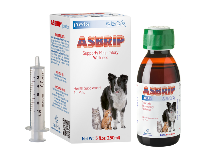 ASBRIP pets health supplement for pets with packaging, bottle, and syringe on a white background. Molecular Activation.