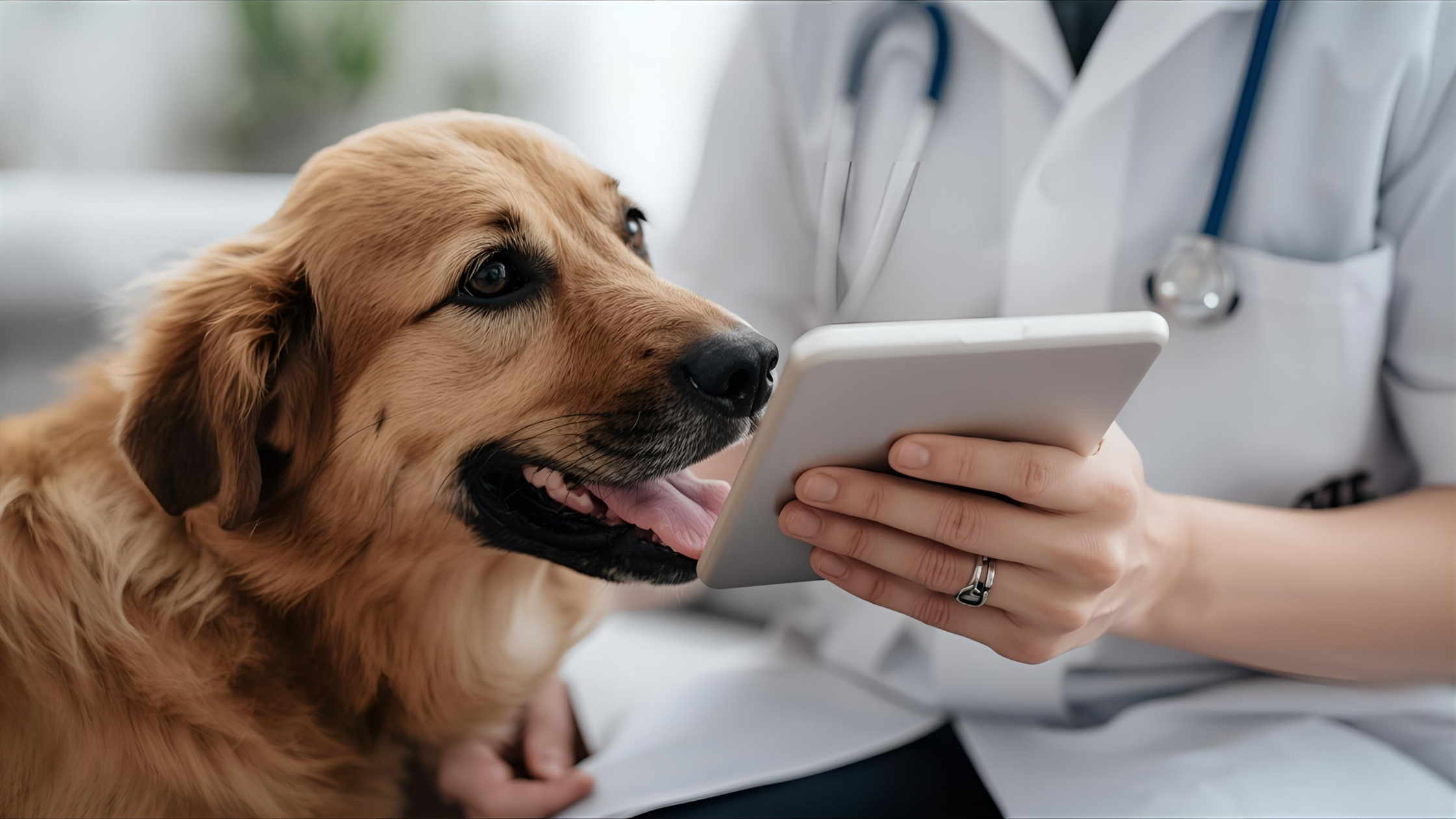 Veterinarian with tablet and dog—professional collaboration.