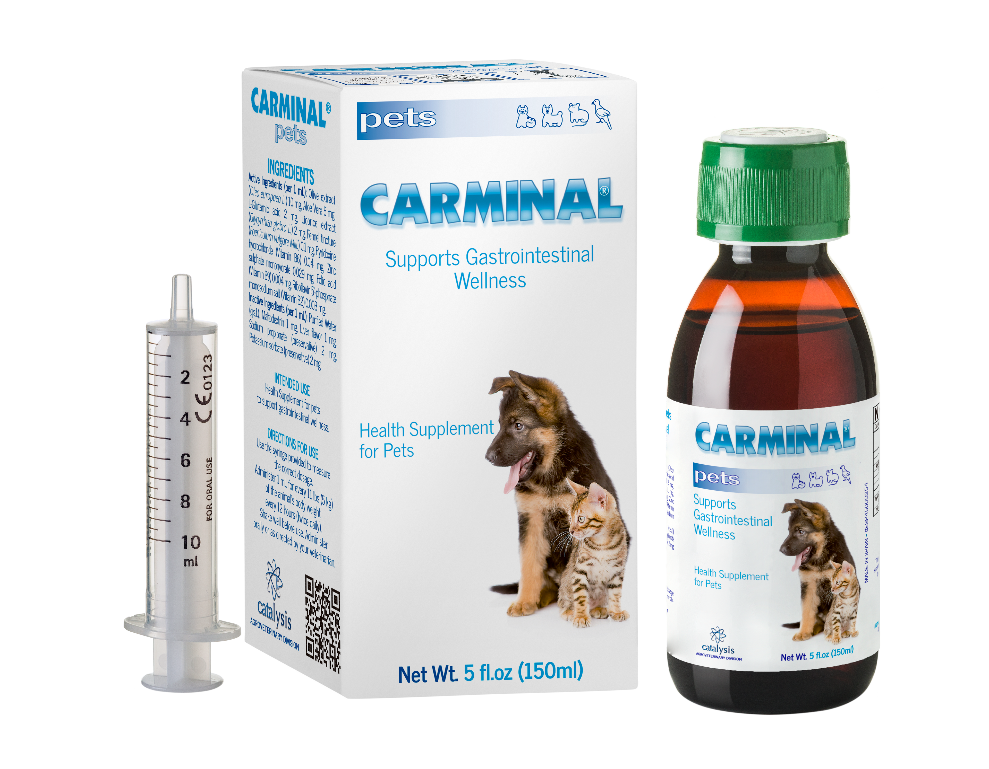 Carminal pet supplement packaging with bottle, box, and syringe on a white background. Molecular Activation.