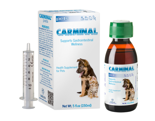 Carminal pet supplement packaging with bottle, box, and syringe on a white background. Molecular Activation.