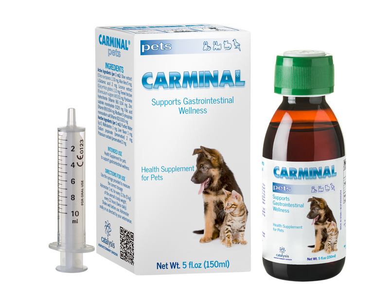 Carminal pet supplement packaging with bottle, box, and syringe on a white background. Molecular Activation.
