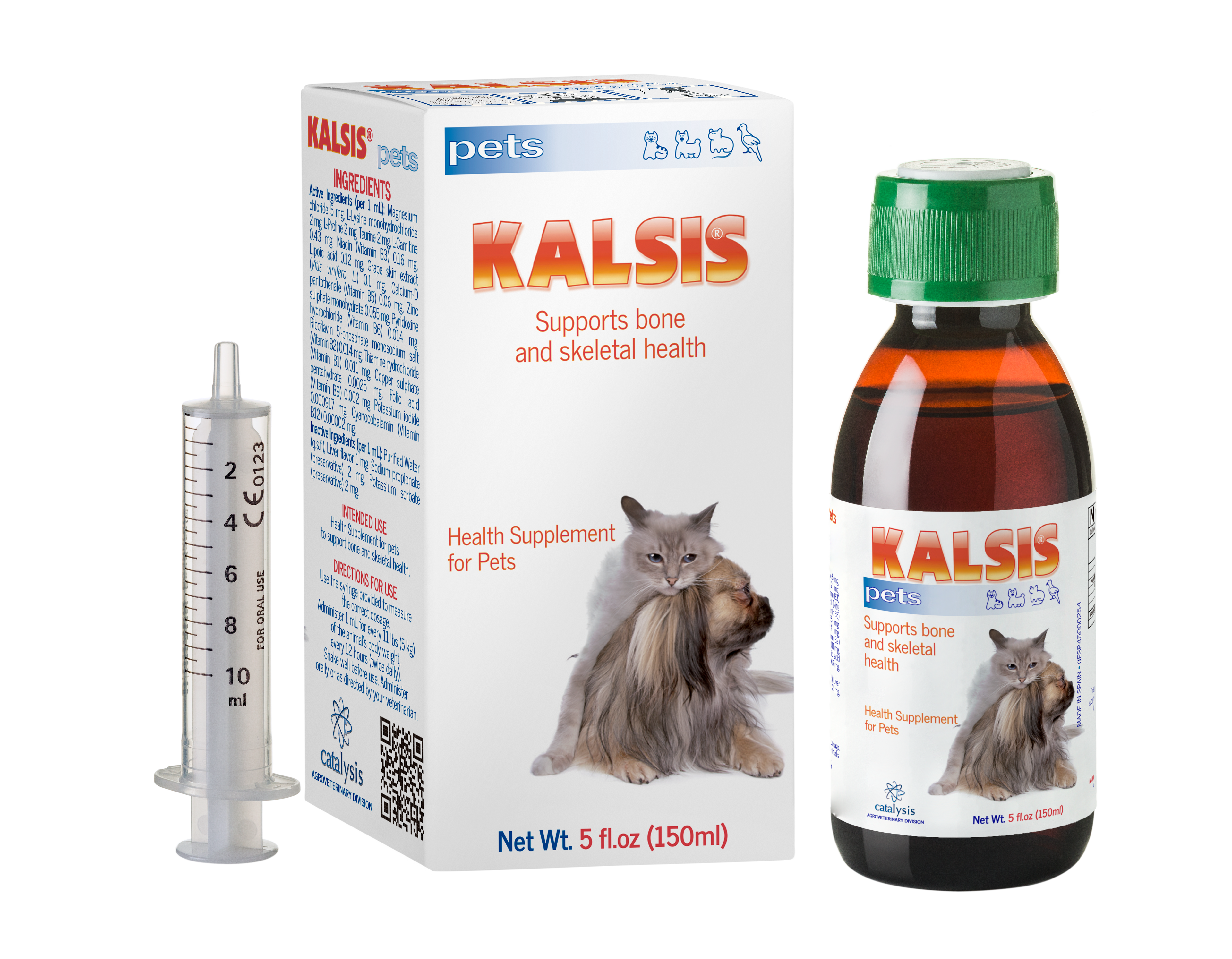 Kalsis pet supplement packaging with bottle, box, and syringe on a white background. Molecular Activation.