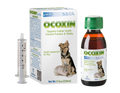 Ocoxin pet health supplement packaging, bottle, and syringe on a white background. Molecular Activation.