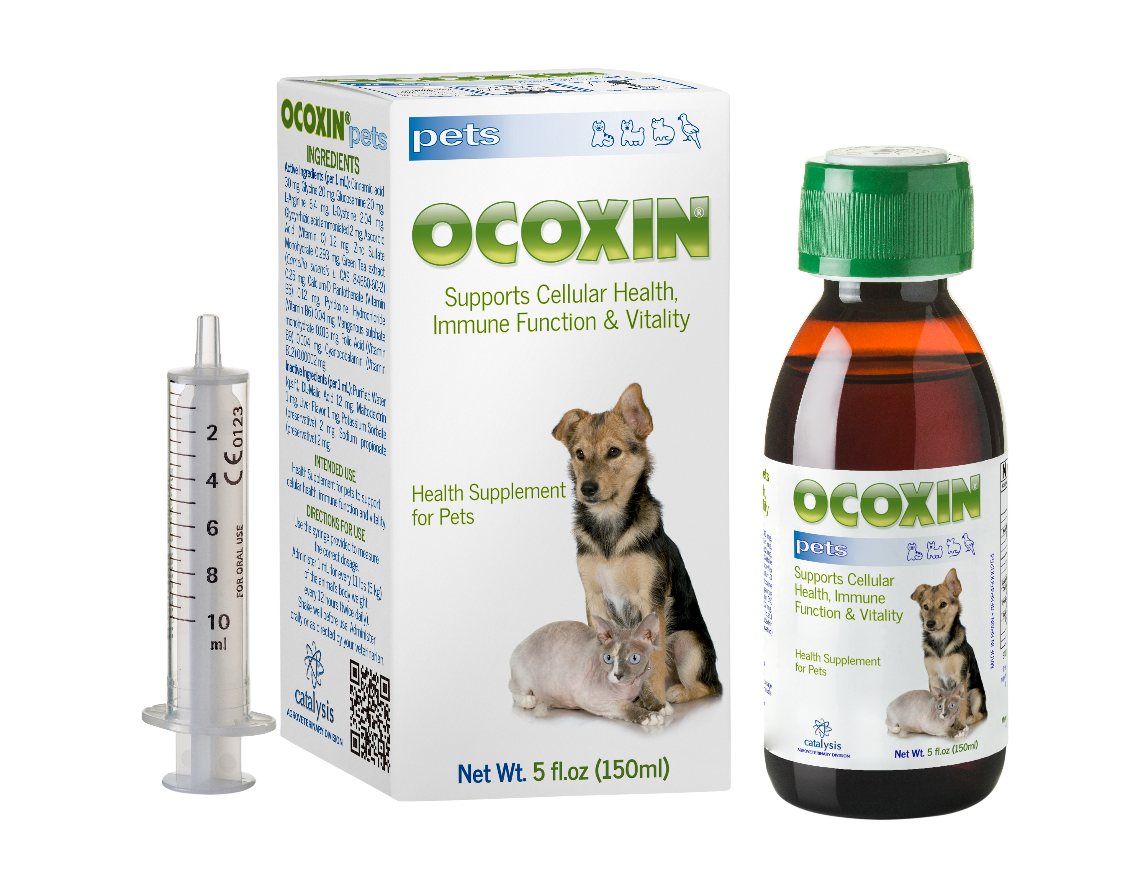 Ocoxin pet health supplement packaging, bottle, and syringe on a white background. Molecular Activation.