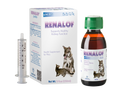 Renalof pets health supplement for pets with packaging, bottle, and syringe on a white background. Molecular Activation.