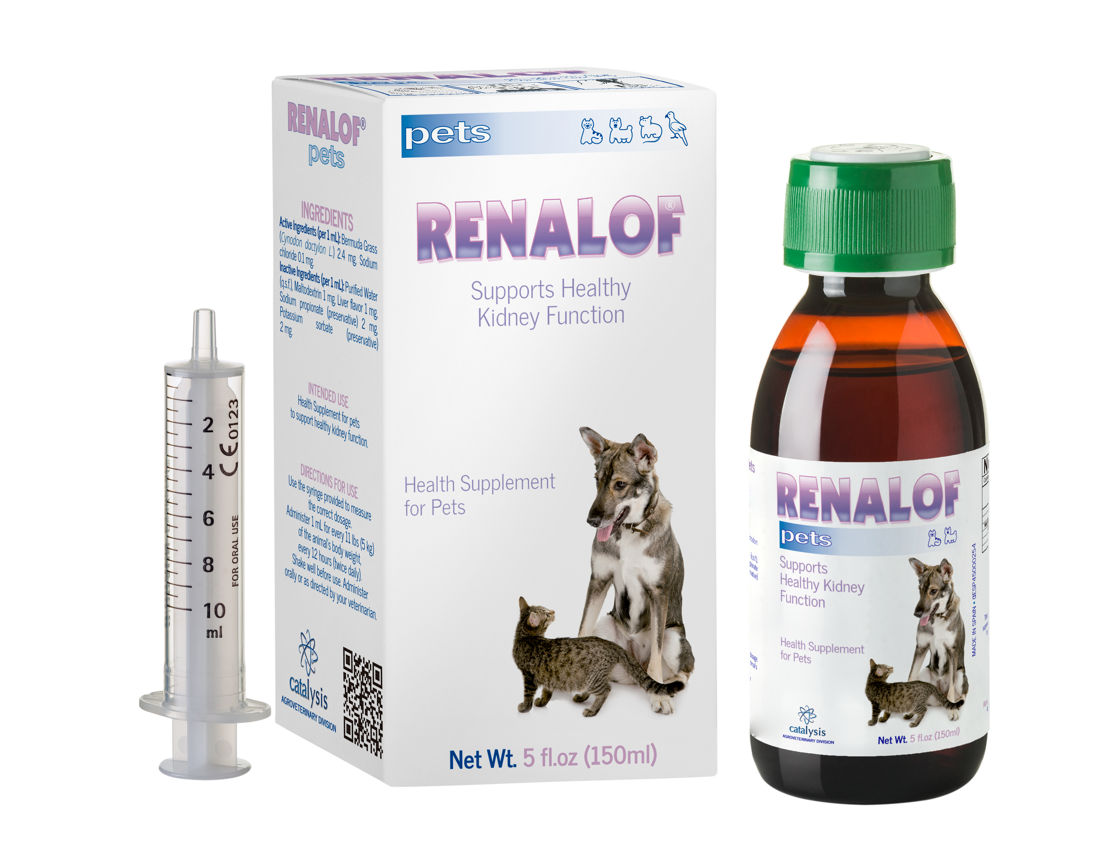 Renalof pets health supplement for pets with packaging, bottle, and syringe on a white background. Molecular Activation.