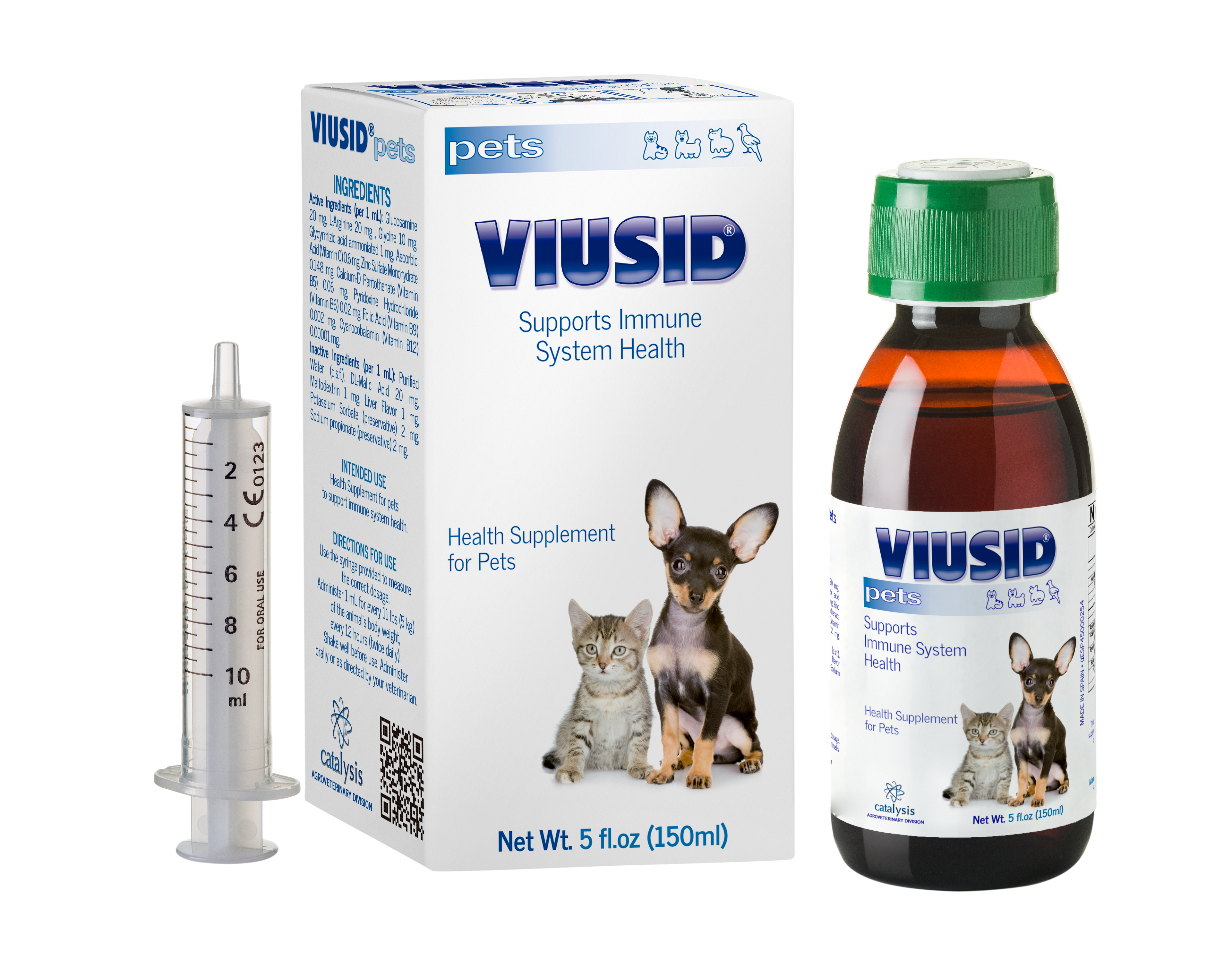 Vliusid pet supplement packaging with bottle, box, and syringe on a white background. Molecular Activation