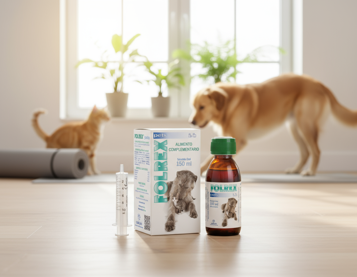 Folrex Pets joint and mobility support product image in active wellness setting